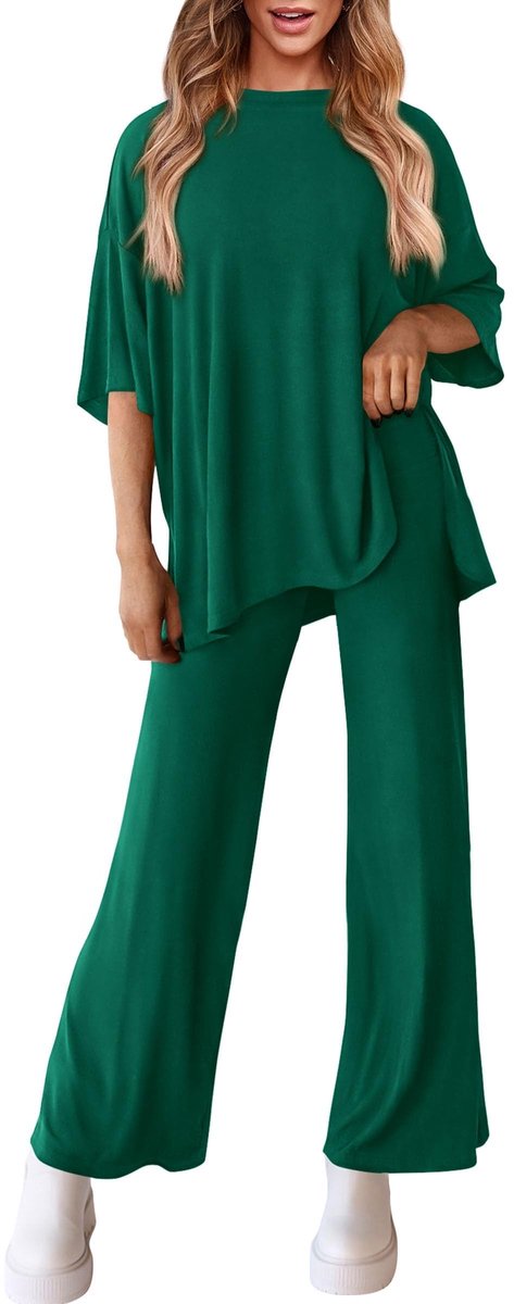 Dailygoods- Outfit Dames - 2-delige Casual Set - Korte Mouwen Pullover - Wijde Pijpen Broek - Loungewear - Lichtgewicht en Comfortabel