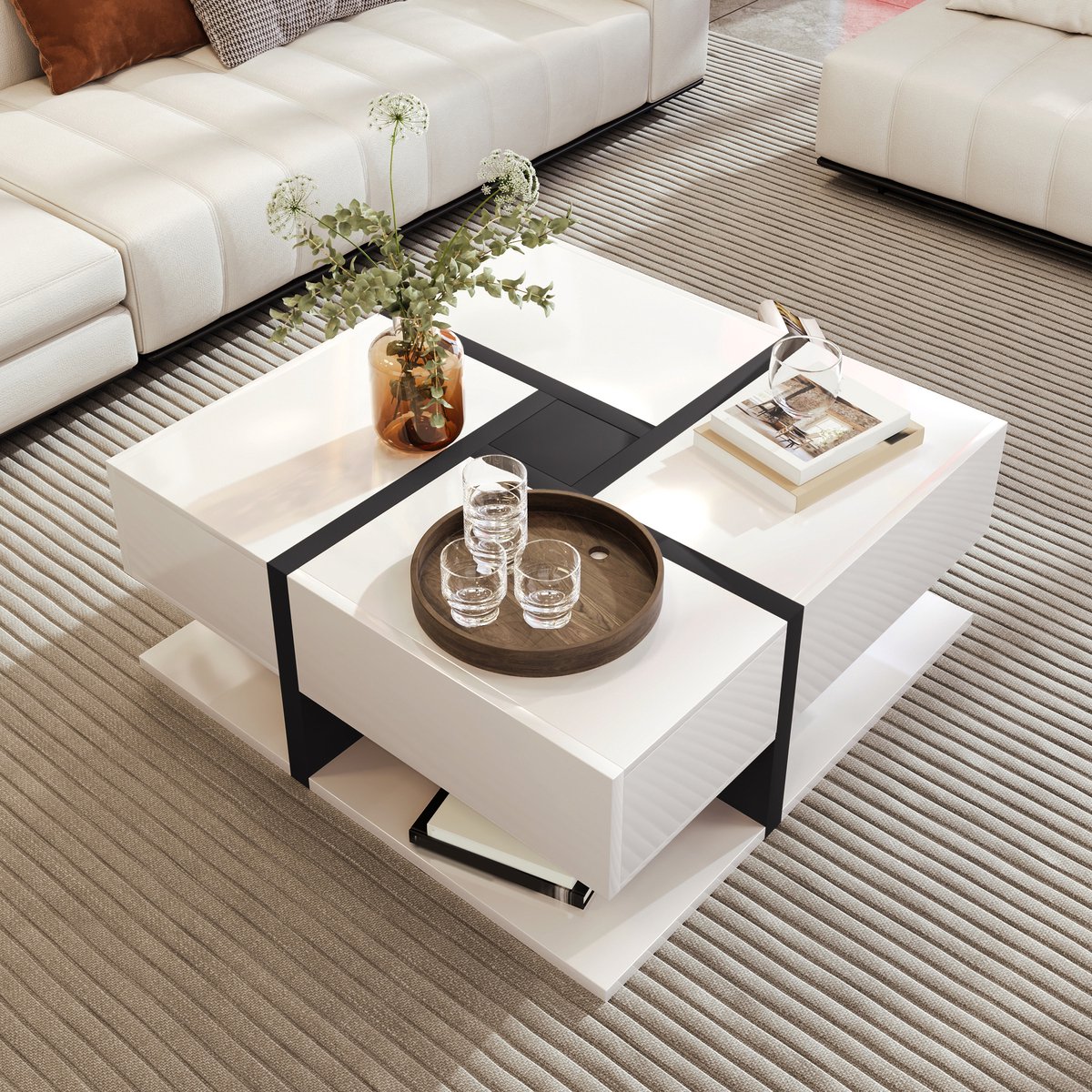 DESMIU Vierkante Salontafel Met Vier Lades En Onderblad Voor Woonkamer Modern Design In Hoogglans Wit Spaanplaat 78x78x36 Cm