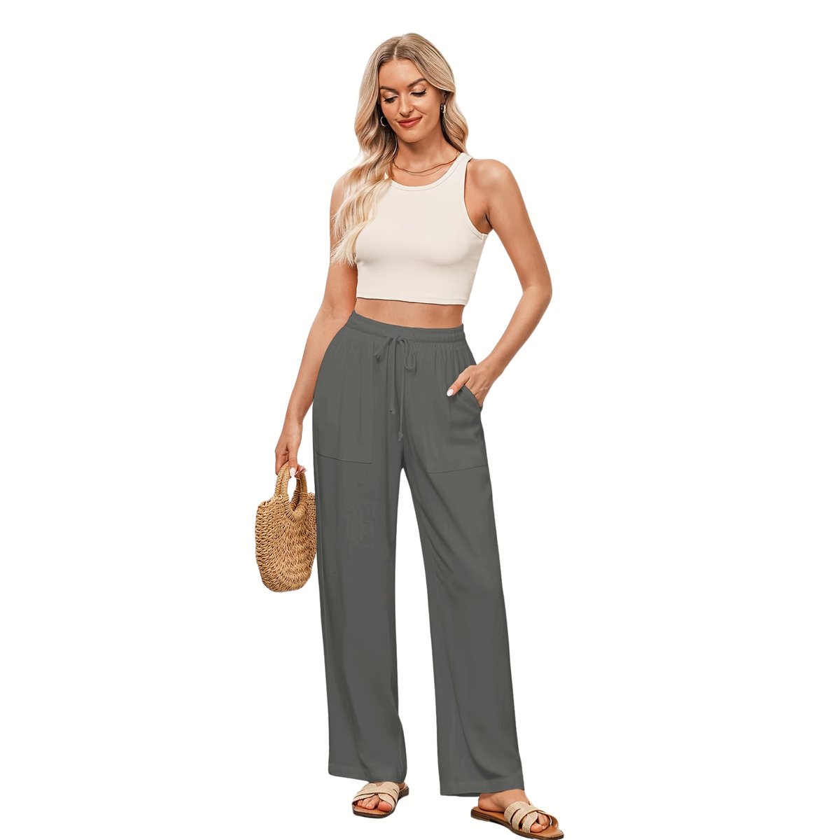 Currero Linnen Broek Dames - Zomerbroek - Volwassenen - Lange Broek - Pantalon - Strandbroek - Zomer - Ibiza Stijl - Lichtgrijs XL
