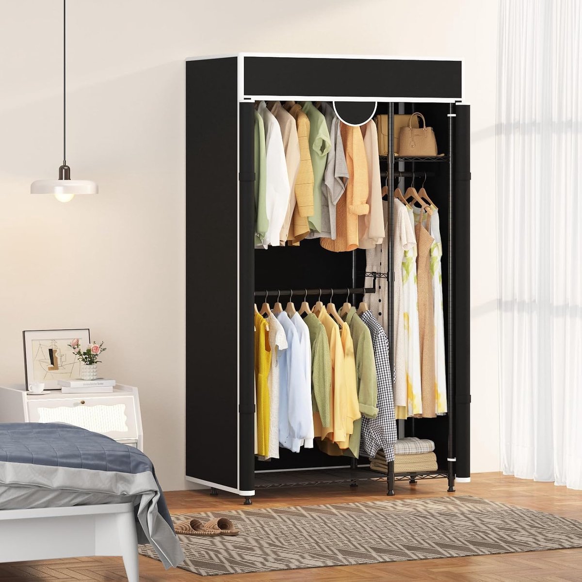 Stevig kledingrek met afdekhoes - Verstelbaar kastsysteem, draagbare kledingkastorganizer met haken - Kledingrek van koolstofstaal om kleding op te hangen - Draagvermogen 720 lbs - 194 × 110 × 40 cm