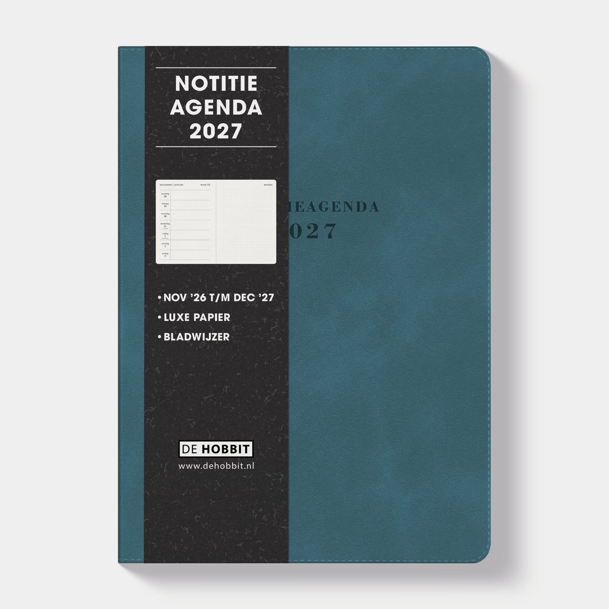 Hobbit - Notitieagenda 2027 - 1 week op 2 pagina's - Agenda met notitie ruimte - Flexibele Kaft - Agenda A5 - Suèdelook Teal