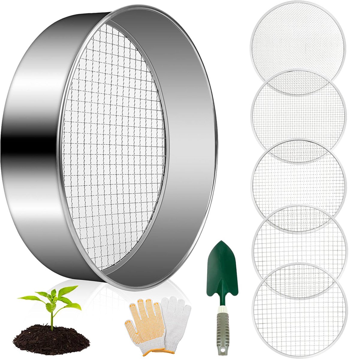 Tuinzeefset van roestvrij staal - Inclusief verwisselbare zeven - 1 zeefrek + 5 zeven + 1 paar tuinhandschoenen + 1 tuinschep - Geschikt voor het zeven van aarde, zand en grind - Geschikt voor bonsai en tuinieren - (3 mm, 6 mm, 8 mm, 10 mm, 12 mm)
