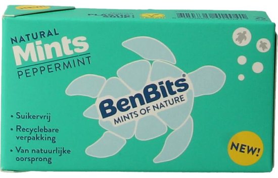 Groen BenBits pakje met 'Pepermunt' erop, met een witte schildpad en 'NEW!' icoon.