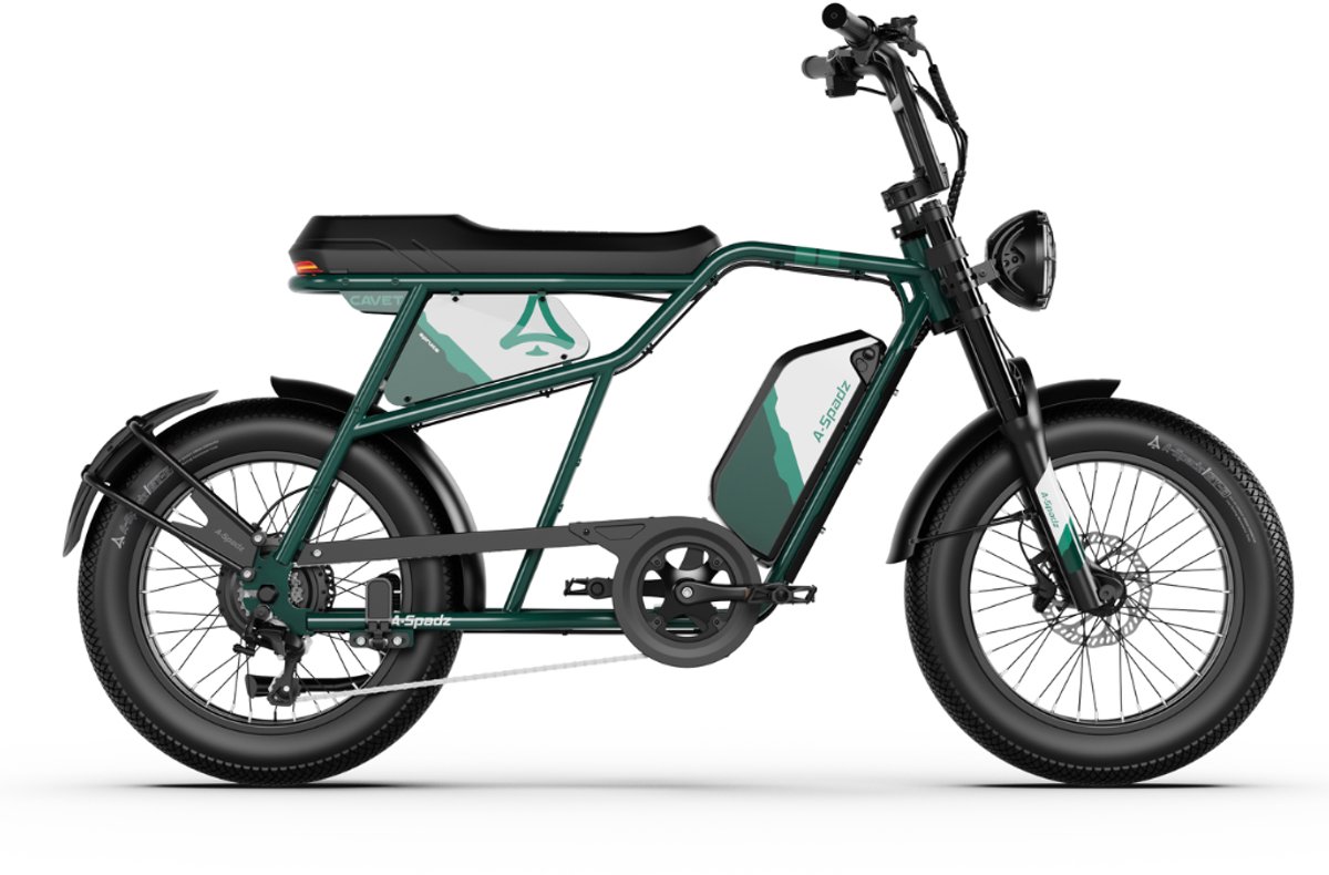 A-Spadz CAVET Air Elektrische Fatbike - Inclusief Voetsteuntjes - 20 Inch - 250W Motor - 7 Versnellingen - 100 km Actieradius - Hydraulische Schijfremmen - Groen
