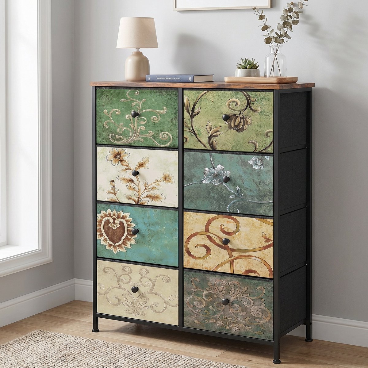Ladekast - 100x67.5x30 cm - Opbergkast met 8 Stoffen Lades - Metalen Frame en Houten Blad - Vintage Stijl - Veelkleurig