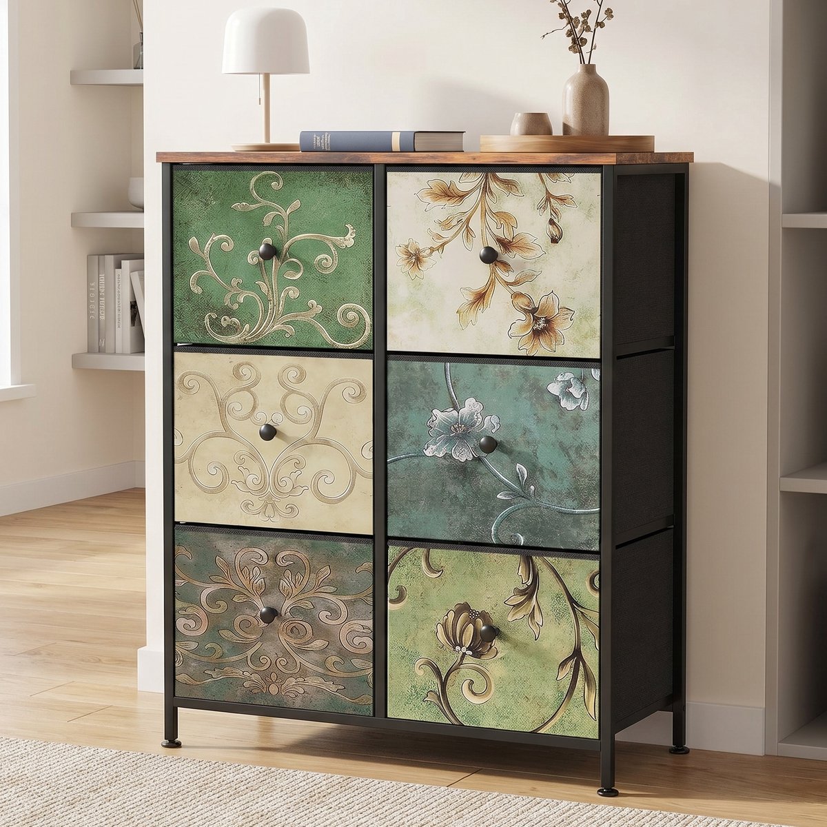 Ladekast - 67.5x30x86.5cm - Opbergkast met 6 stoffen lades - metalen frame met houten blad - Vintage Stijl - Veelkleurig