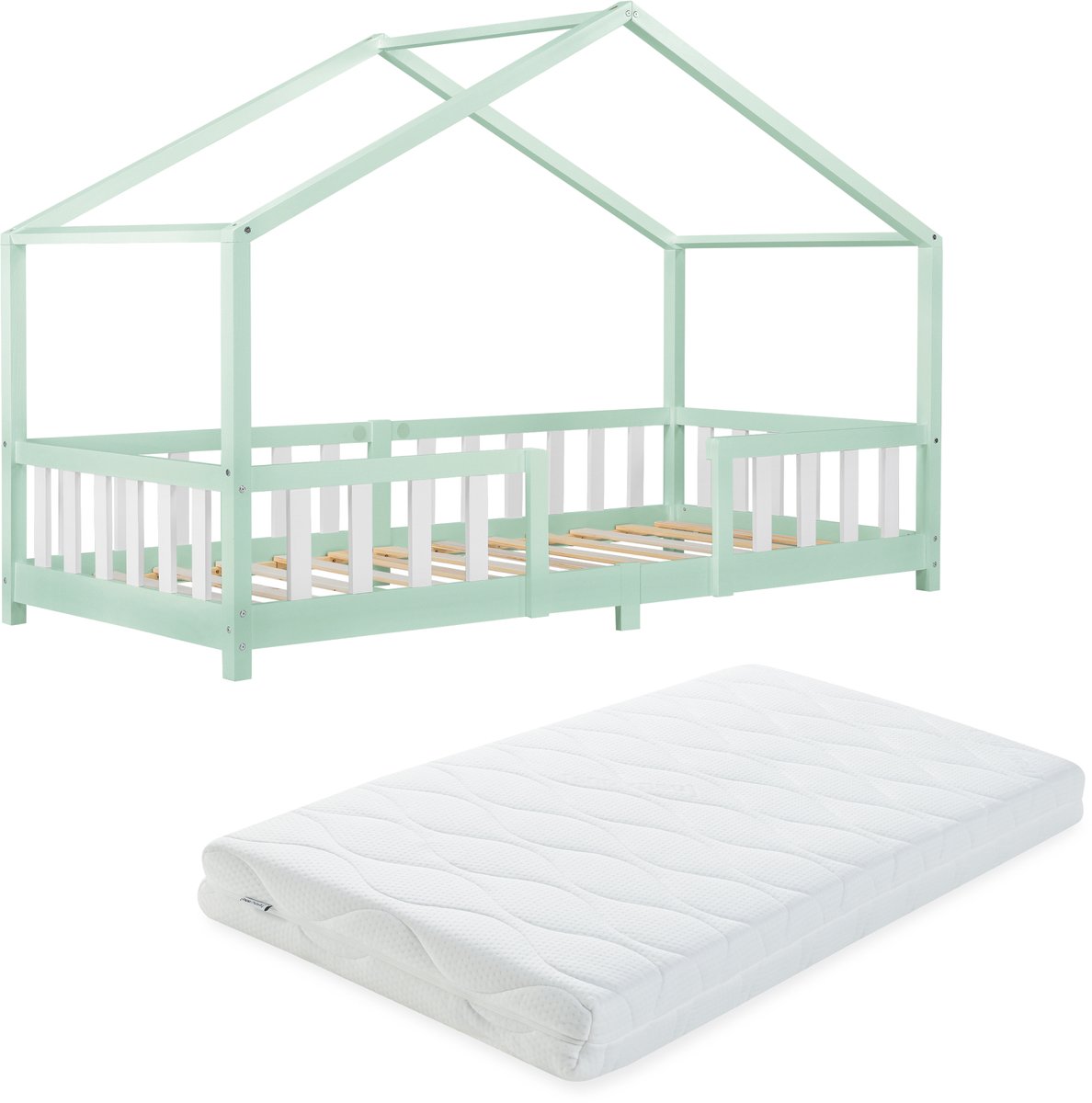 en.casa Kinderbed Treviolo met uitvalbeveiliging en matras 90x200 mint en wit [en.casa]