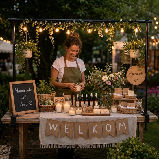 Vrouw bij een tafel vol kaarsen en handgemaakte producten, versierd met lampjes en planten.