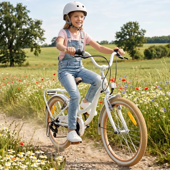 Flower Bike Fiets voor een meisje van 6 tot 10 jaar, 20 inch Wit Beige, 6 versnellingen Shimano, kinderfiets in hoogte verstelbaar van Flower Bike — afbeelding 2