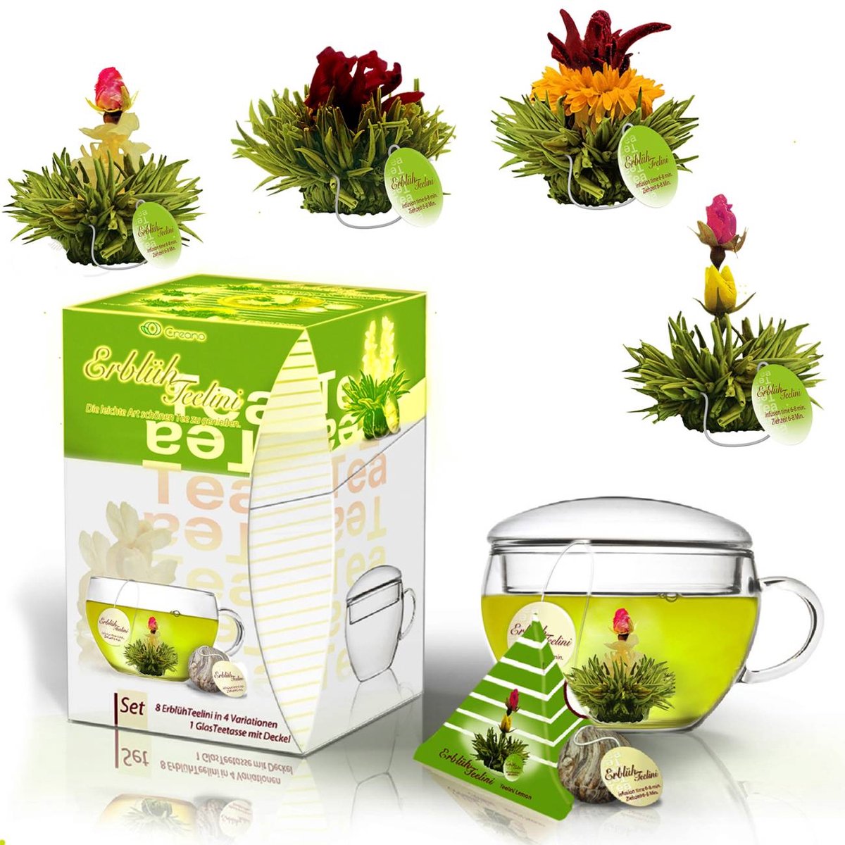 Creano ErblühTeelini theebloemen cadeauset met theeglas en 8 theebloemen in kopformaat, groene thee, cadeau