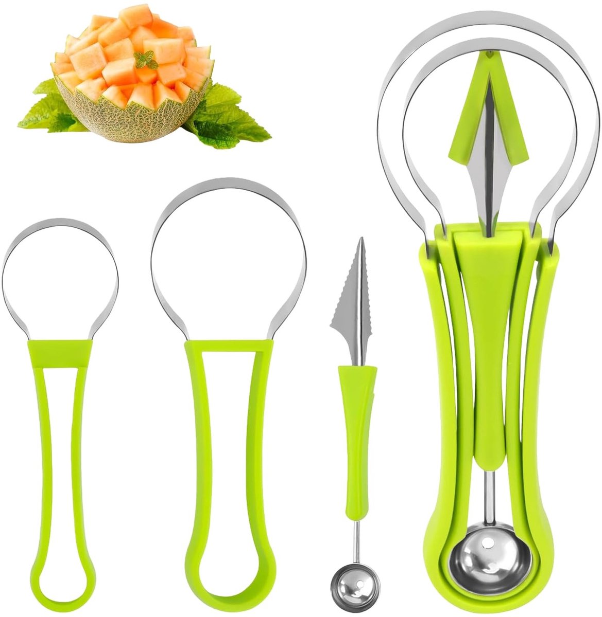 Dailygoods- Meloensnijder 3-in-1 - Roestvrij Staal - Fruitmesje - Fruittest met Bord - Antislip Handgreep - Ideaal voor Feestjes - Fruitmes
