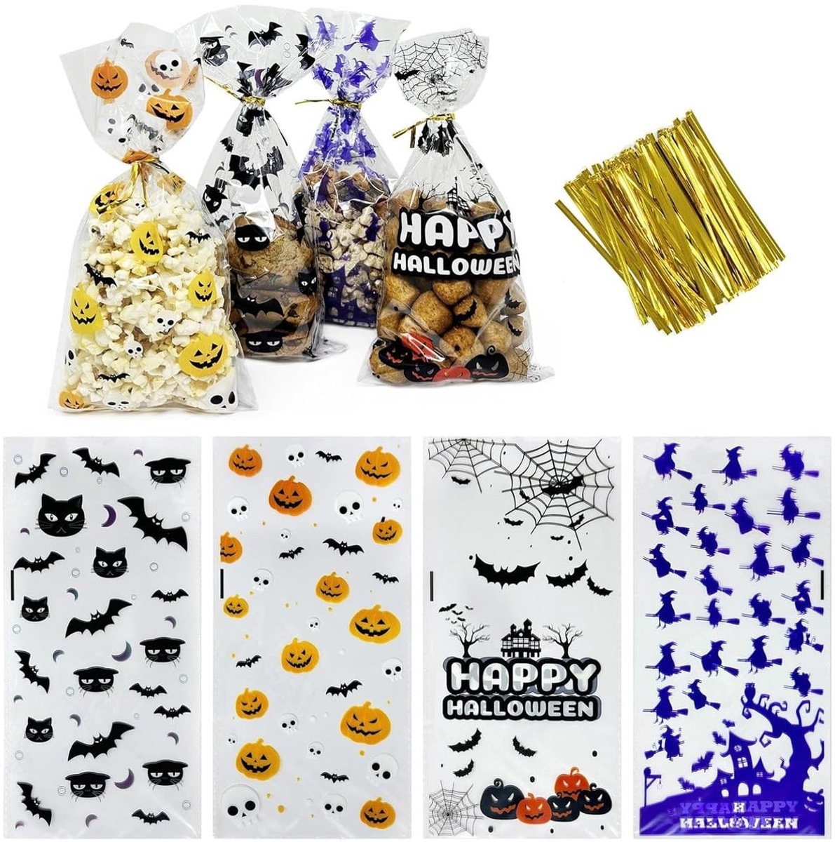 Dailygoods - 100 Halloween-cadeauzakjes - Transparante kunststof met kabelbinders