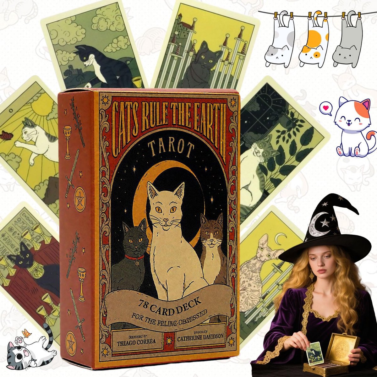 Dailygoods- Tarotkaarten Voor Beginners - Katten Tarotkaarten - 78 Kaarten - Draagbare Kaartbox - Waarzeggerij - Inzichtkaarten - Waarzegkaarten