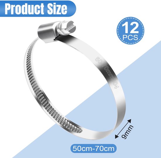 Dailygoods- Slangklemmen 12 stuks - Roestvrij Staal - Verstelbaar - Diameter 50-70 mm - Hoogwaardige Klemmen - Geschikt voor Water/Lucht/Brandstof - Slangklem van Dailygoods — afbeelding 5