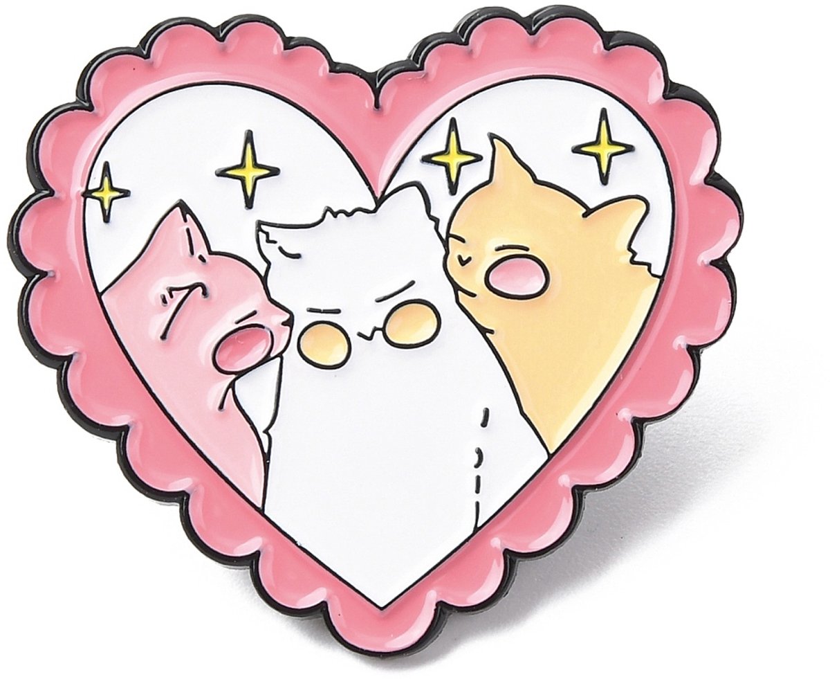 Pin - drie katten - liefde - kat - hart - zussen - broers - vrienden - vriendinnen - familie - valentijn - valentijnsdag - trouwen - broche - kledingspeld - cadeau - geschenk