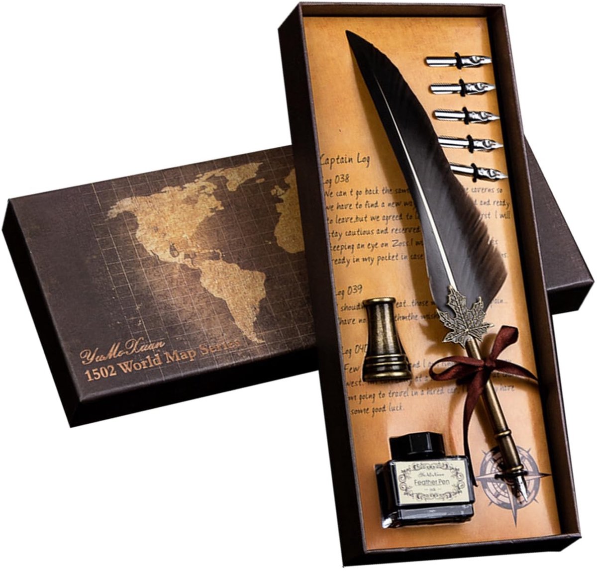 Dailygoods- Vulpen met grijze veer - Kalligrafie doos met 6 tuiten - Metalen standaard - Elegant cadeau-idee - Hoogwaardige kwaliteit - Vintage esthetiek - Kalligrafiepen