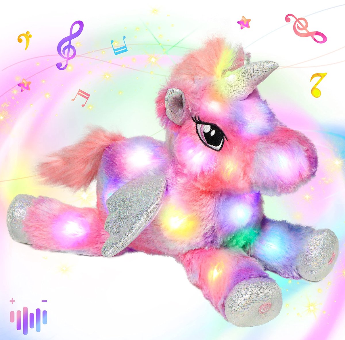 Dailygoods- Knuffel Eenhoorn - LED/Zingend - Pluche Speelgoed - 40 cm - Instelbaar Volume - Kalmerend Slaapliedje - Regenboogkleur