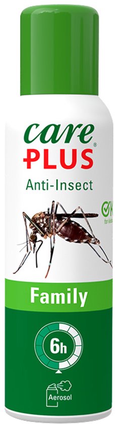Care Plus Anti-Insect Family 6h aerosol met groene dop, met afbeelding van een mug.