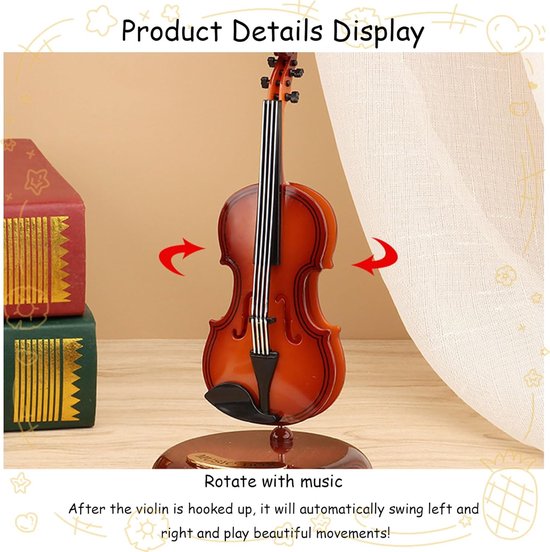 Klassieke viool-muziekdoos op een houten standaard, met rode pijlen die de draaibeweging aanduiden.