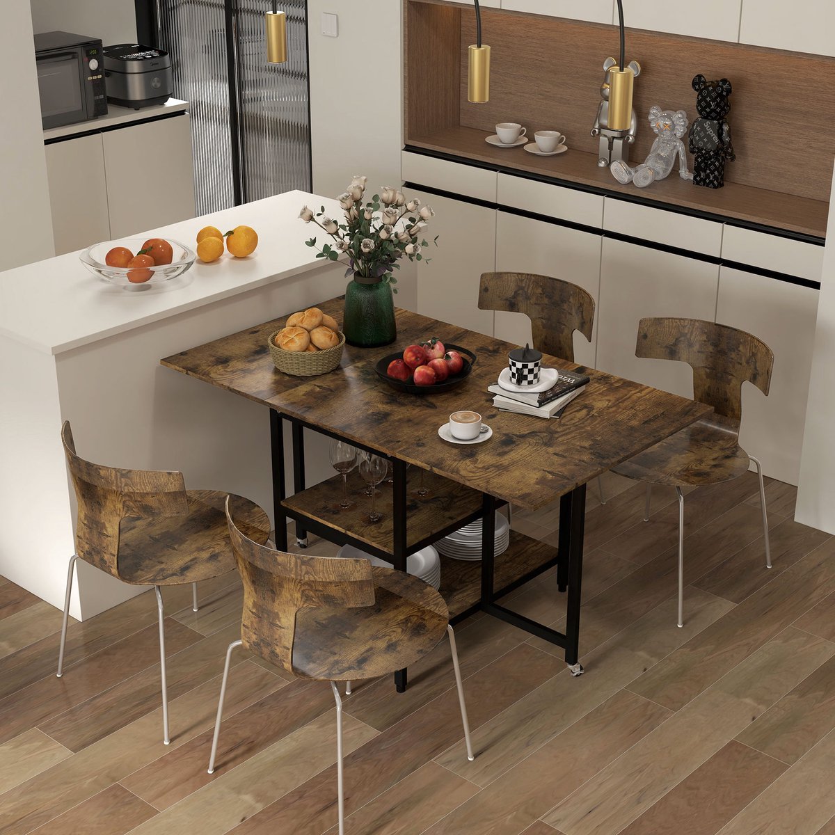 MEUNIQ opklapbare eettafel 140x80 cm met 2 legplanken en wielen, klaptafel voor 2-6 personen, rechthoekige tafel voor eetkamer of keuken met stalen frame, bruin