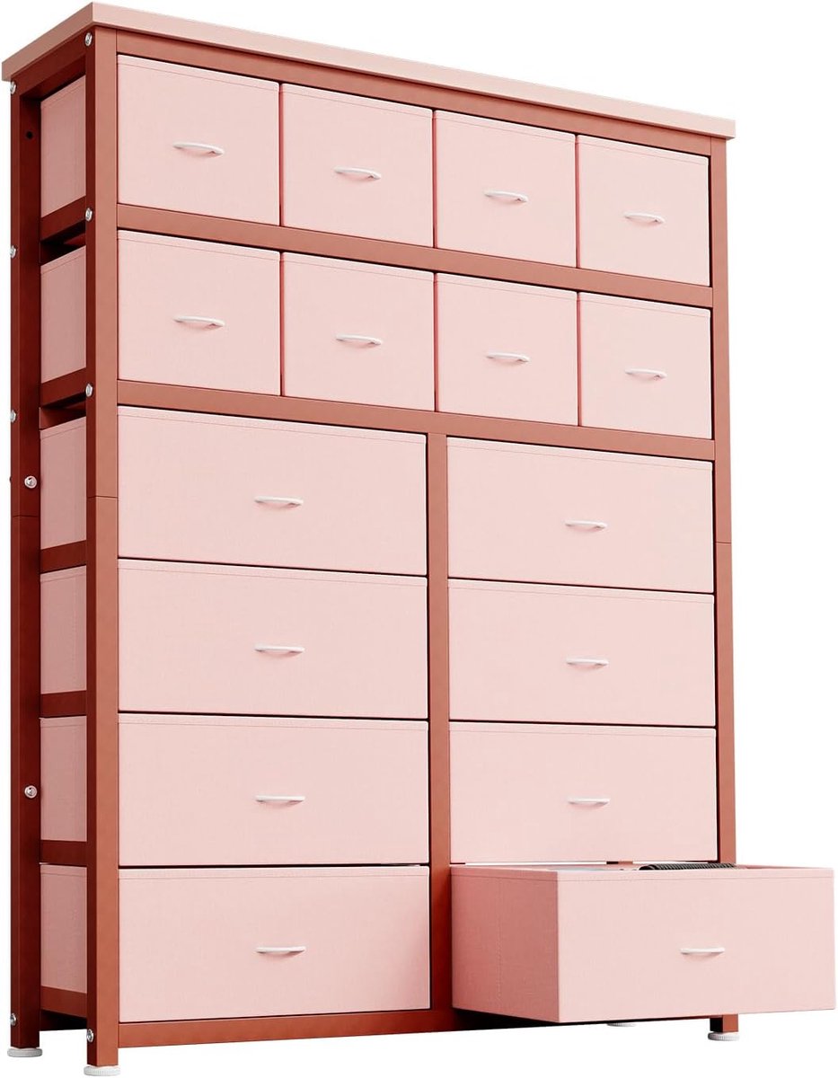 Ladekast met 16 Stoffen Lades - Grote Opbergkast voor Kleding en Speelgoed - Commode / Kast voor Slaapkamer & Woonkamer - Metaal & MDF - roze