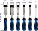 Set van zes beitels met blauw-zwarte handvatten, met maten 1/4" tot 1-1/2".