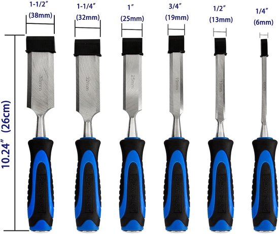 Set van zes beitels met blauw-zwarte handvatten, met maten 1/4" tot 1-1/2".