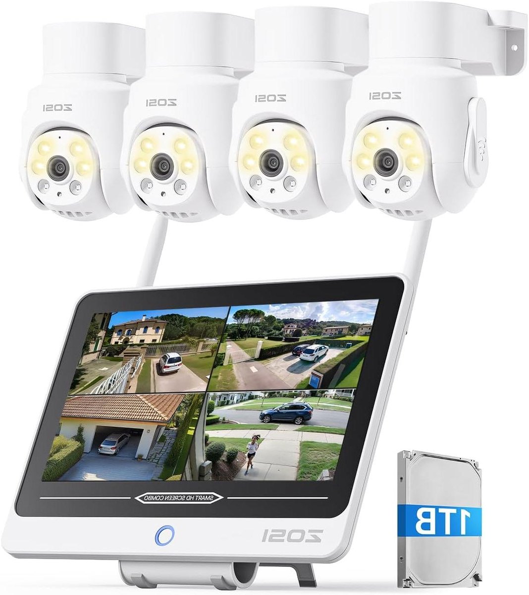 Beveiligingscamera Set - WIFI Camerasysteem - Huisbewaking - Alles-in-één Monitor - 12 Inch Display - Wit