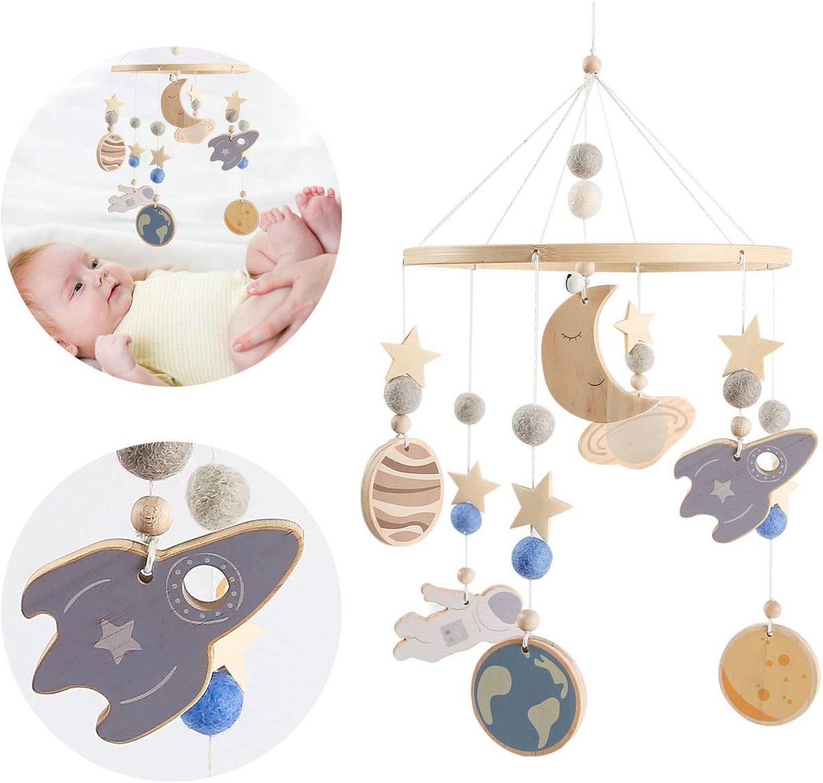 Baby Houten Mobiel - Wiegdecoratie - Babykamer Aankleden - Handgemaakt Natuurlijk Materiaal - 25 cm - Natuurlijk
