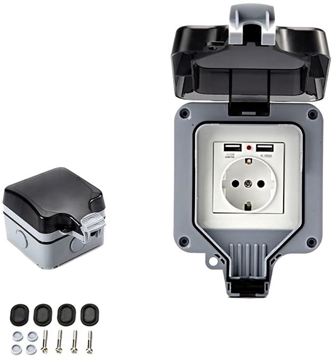 Dubbel Buitenstopcontact - Waterdicht Wandcontactdoos - Veilig Stroom Delen - Met Ingebouwde USB - 17 x 11 cm - Zwart