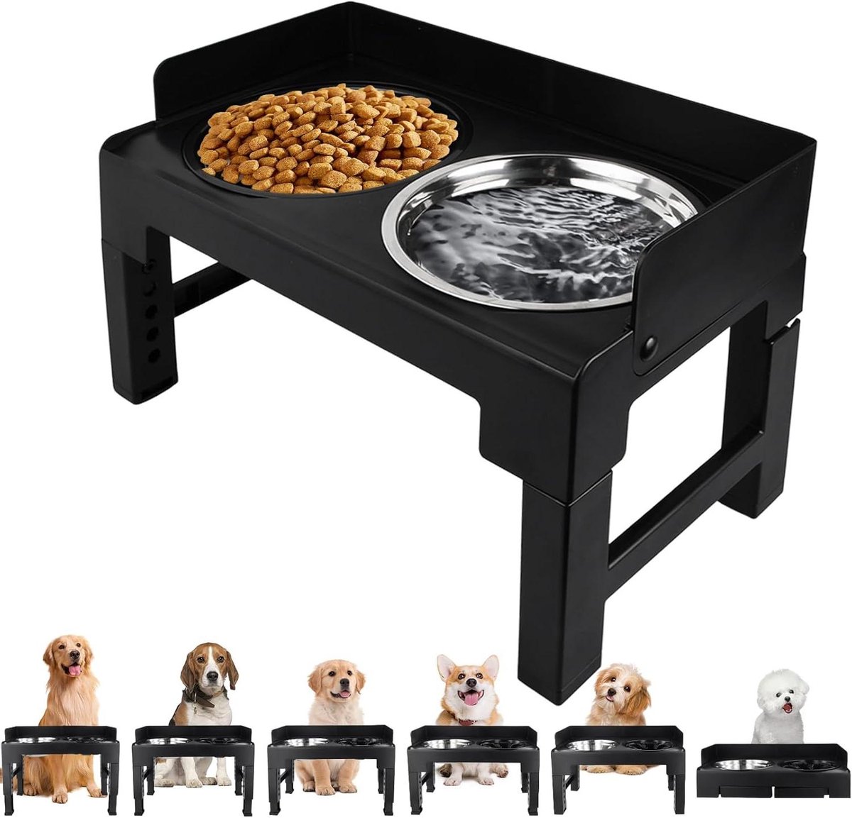 Honden voerbak - Verhoogde bak - Comfortabel eten - Vijf hoogtes - 20 cm diameter - Zwart