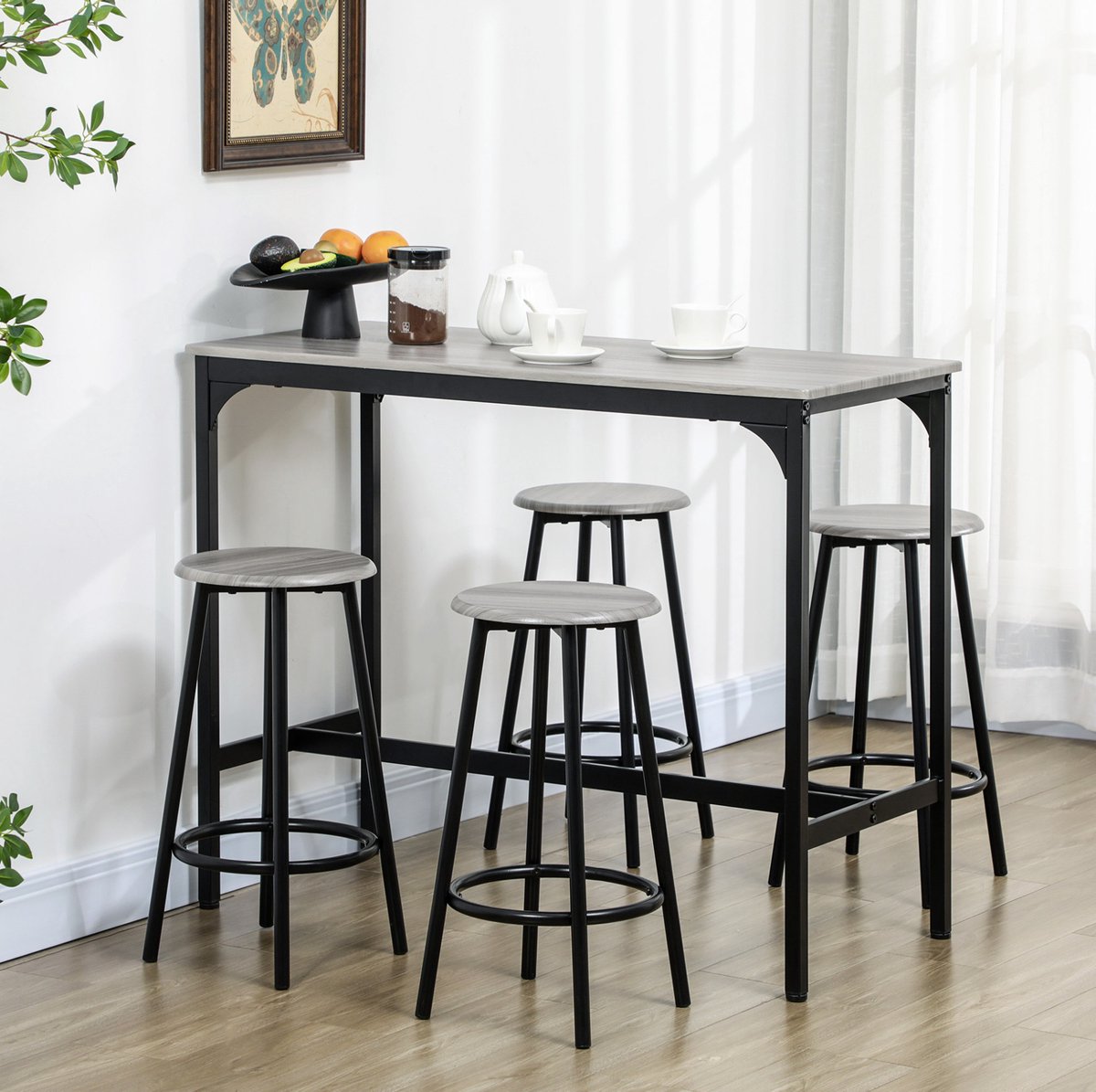 MEUNIQ Bartafelset met 4 barkrukken 5-delig, 110 x 50 x 89,5 cm, industrieel, grijs, metalen frame, ruimtebesparend voor keuken, eetkamer of barhoek