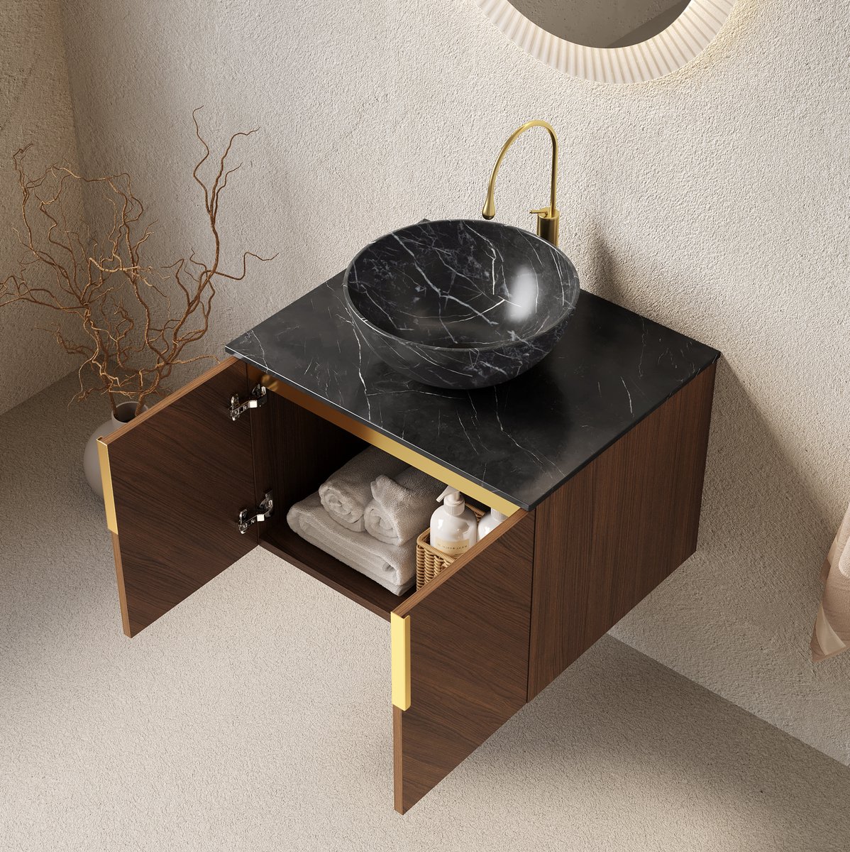 FloraGrace Badkamermeubel - Hangend Met Zwarte Keramische Opbouwkom En Softclose Deuren - Voor Compacte Badkamer - Bruin Eiken En Zwart - 61 Cm