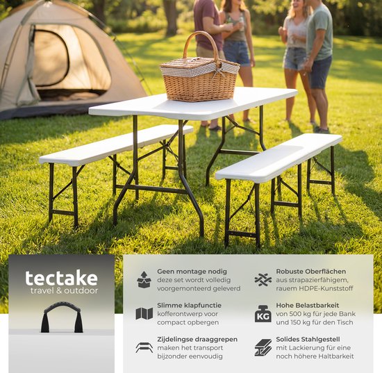 tectake® Campingtafel Set - Vouwtafel met Banken - 8 Personen - 180 cm - Inklapbare Picknicktafel - Klaptafel - Weerbestendig - Tuintafel - Biertafel - Wit van TecTake — afbeelding 2