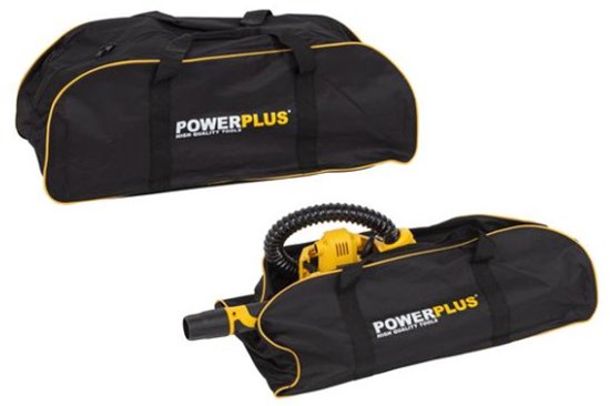 Twee zwarte draagtassen met gele biezen en 'Powerplus' logo.