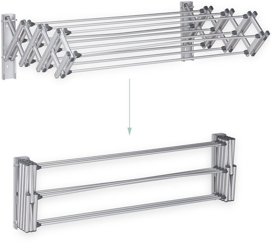 Ingeklapt en uitgevouwen aluminium droogrek aan muur.