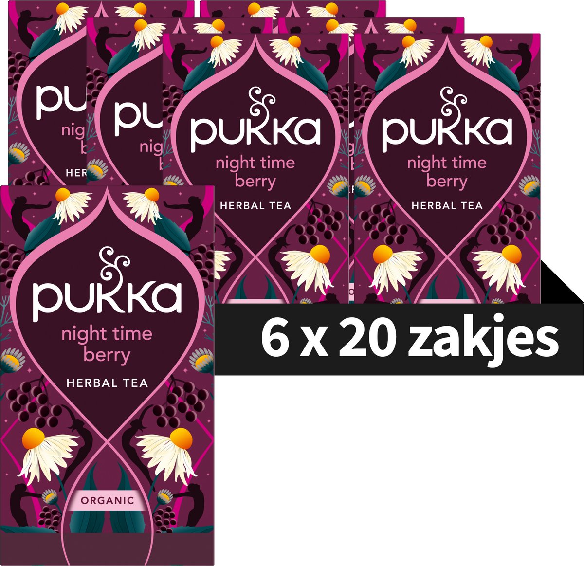 Pukka Tea Night Time Berry - 120 Theezakjes - Biologische Kruidenthee - Kamille, Braam, Zwarte Bes - 6 x 20 Zakjes - Thee Voordeelverpakking