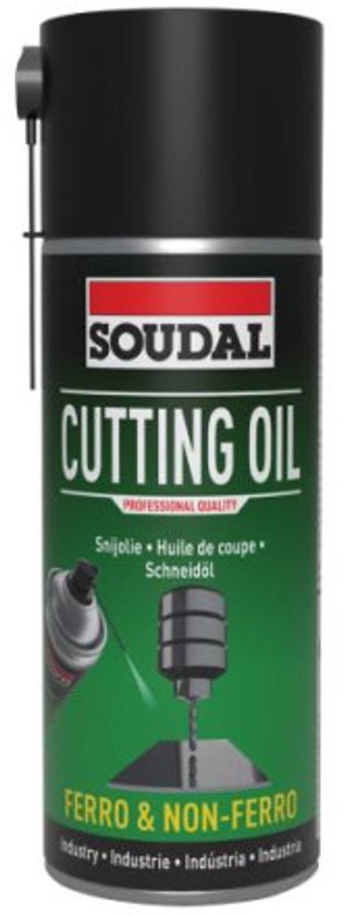 Aérosol Soudal Cutting Oil avec le texte "Huile de coupe". Vert, noir et argent.