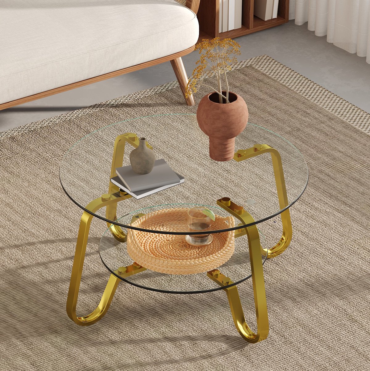 MIVRAY Salontafel - Ronde Dubbele Glazen Tafel Met Opberglaag - Voor Woonkamer - Goudkleurig Metaal En Transparant Glas - 80x80x45 Cm