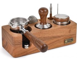 Espresso tamper station met 5 slots en houten container voor perfecte koffie-extractie en barista-ervaring