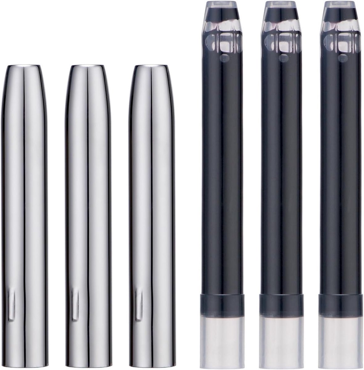3-pack accessoires voor vulpennen, metalen bescherming met zwarte inktpatronen, opening diameter 5.5mm, ideaal voor schrijfliefhebbers en kunstenaars