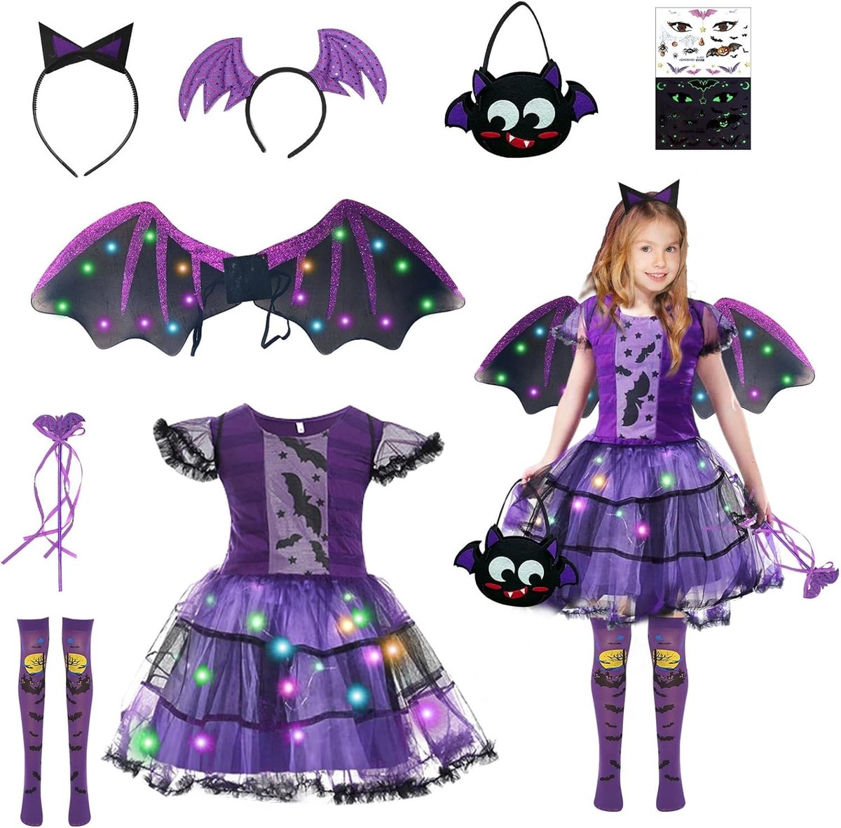 Halloween Kostuum voor Meisjes met Vleugels en Jurk - Bat-Thema Cosplay voor Feestjes en Carnavals