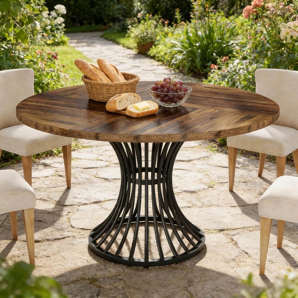 MIVRAY Ronde Eettafel - Sanduhr Metalen Onderstel Met MDF Tafelblad - Retro Voor Eetkamer En Restaurant - Zwart Bruin - 119 Cm