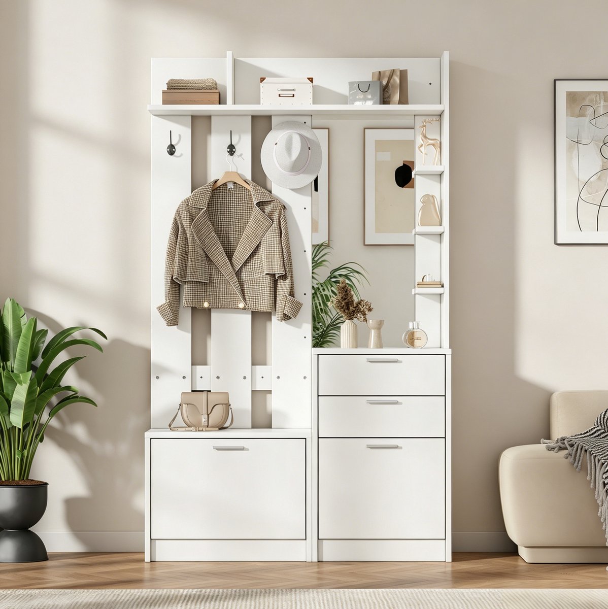 MIVRAY Halmeubel - Garderobekast Met Spiegel En Schoenenvakken - Voor Hal En Slaapkamer - MDF Wit - 110x34x185 Cm
