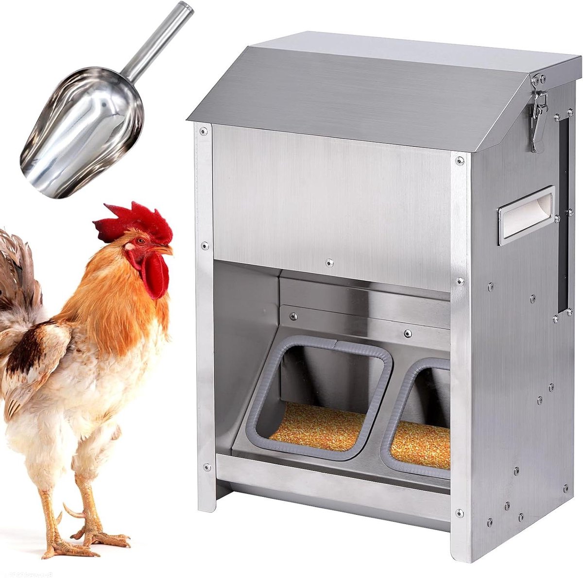 Kippenvoerbak - Voerdispenser - Voorkomt Verspilling - Roestvrij Staal - 9 kg Capaciteit - Zilverkleurig