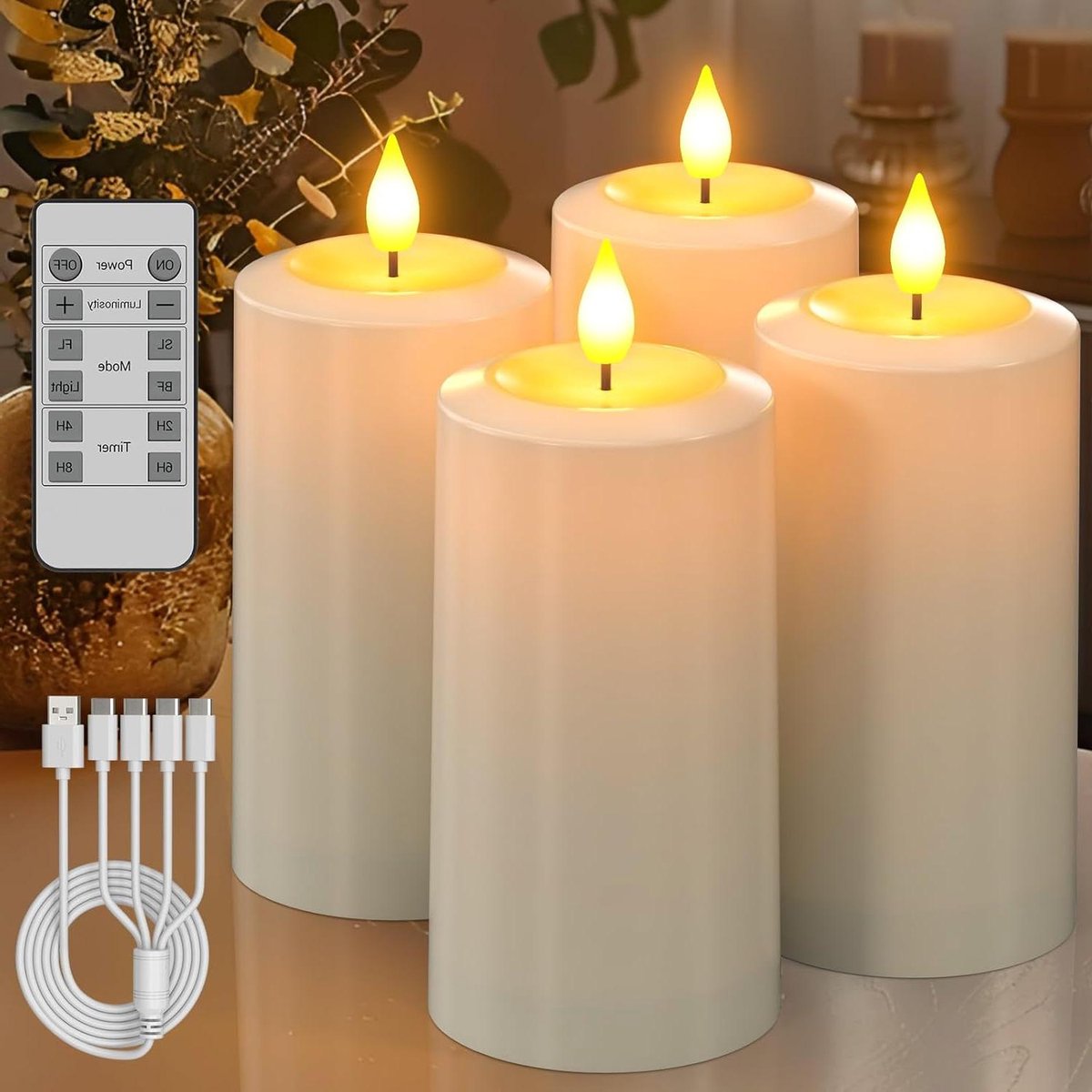 Oplaadbare LED Kaarsen - Vlamloze Kaarsen - Sfeerverlichting Binnen Buiten - Waterdicht met Afstandsbediening - 4 Stuks 7x13cm - Wit