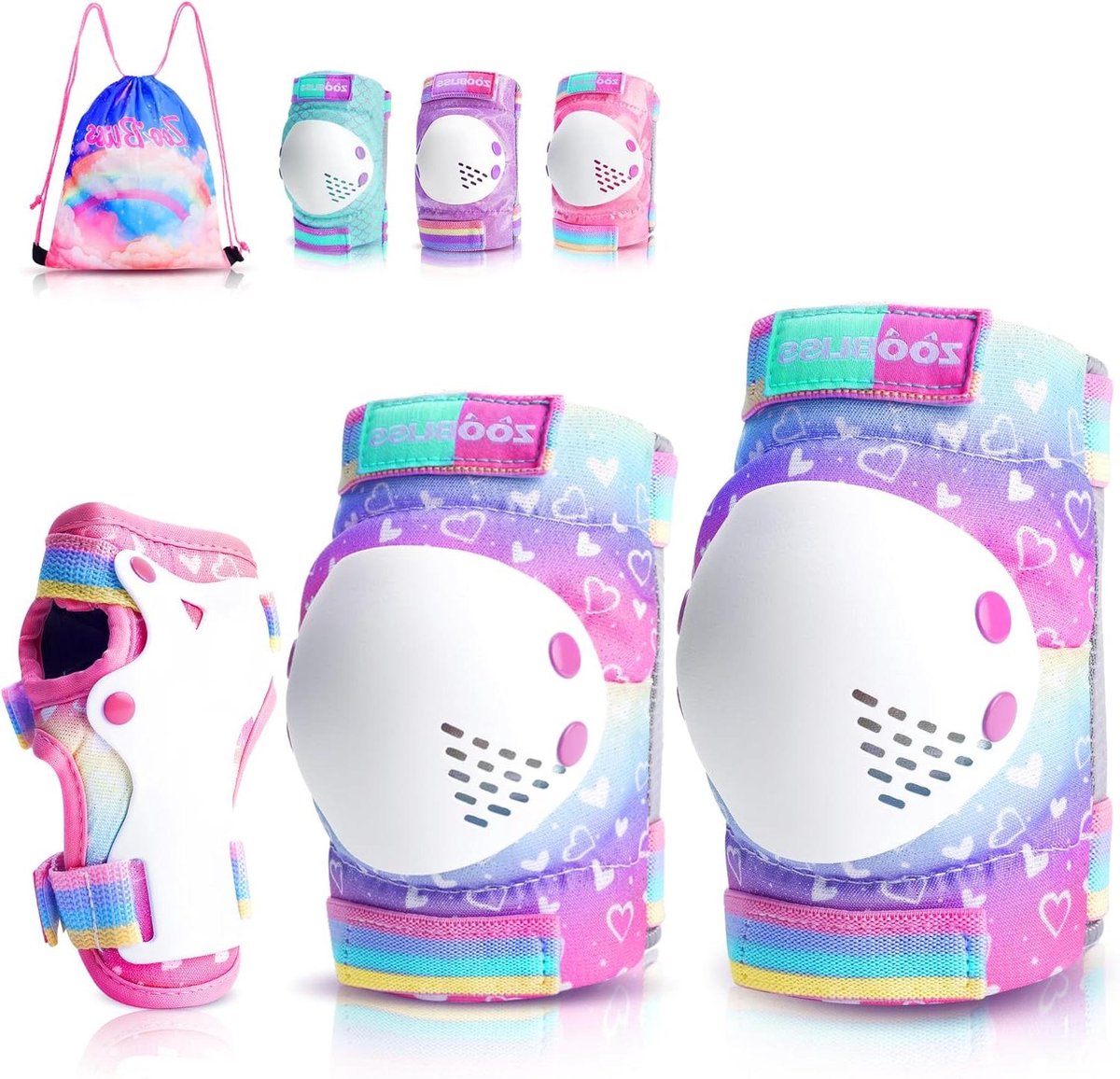 Beschermingsset Kinderen - Knie Elleboog - Actieve Spel - Verstelbare Banden - Maat S M - Regenboog Hart