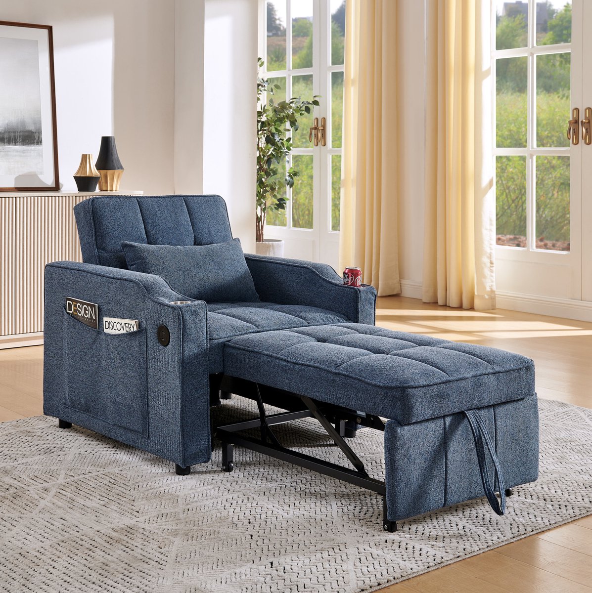 FloraGrace Slaapbank 190 x 85 cm - 3-in-1 Met Verstelbare Rugleuning, USB, USB-C En Bekerhouder - Voor Kleine Ruimtes En Logeerkamer - Stof - Navy Blue