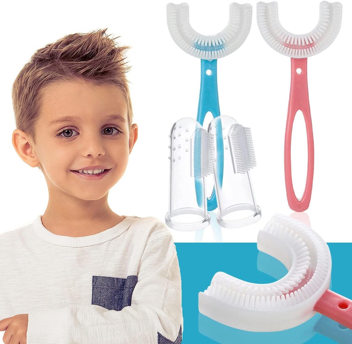 Kindertandenborstel set - U-vormige borstels - Mondhygiëne verbeteren - 360 graden reiniging - 4 stuks - Blauw en roze