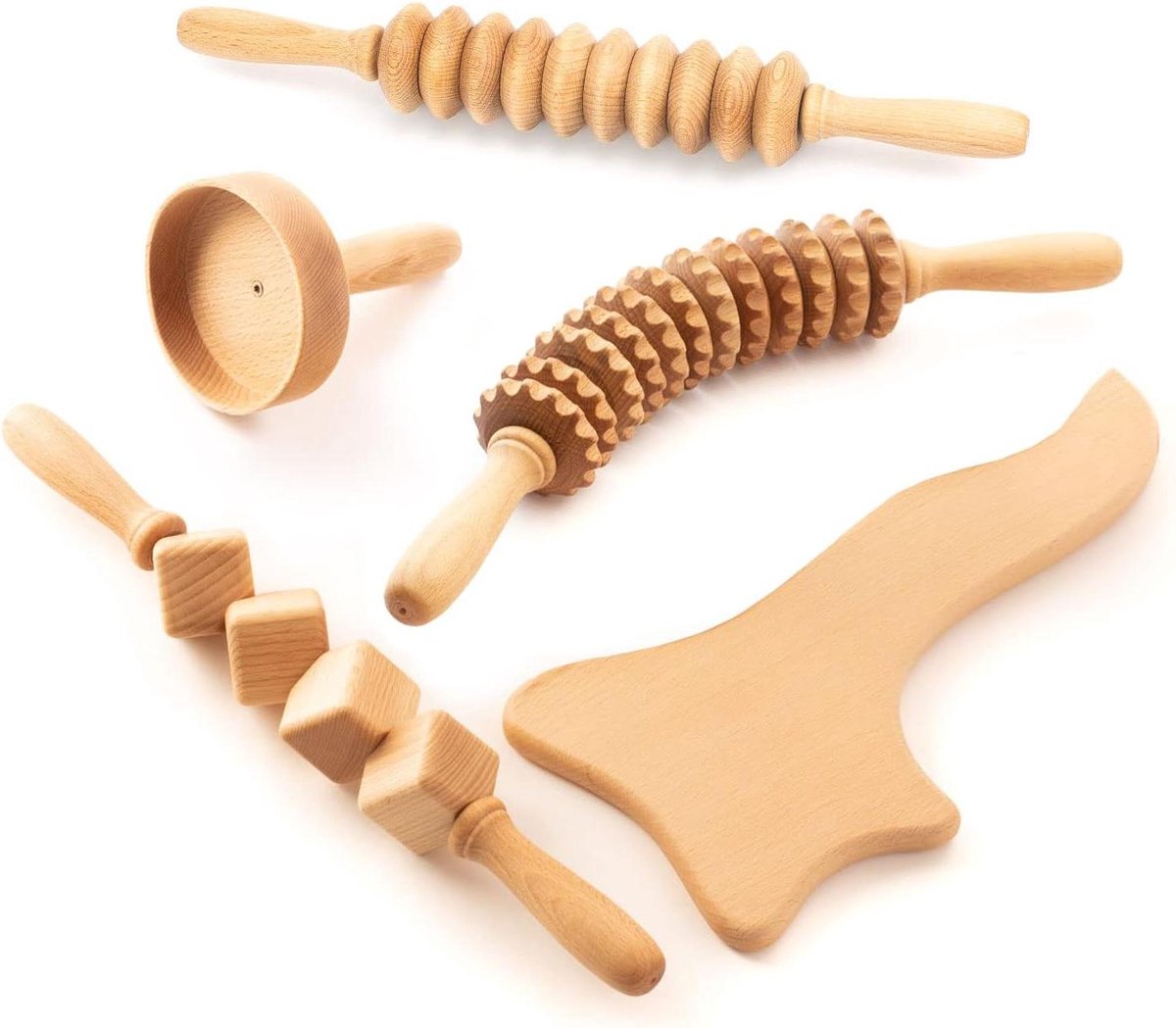 Houten Massage Set - Maderotherapie Tools - Lymfedrainage Stimuleren - Natuurlijk Behandeld Hout - 3 Delig - Natuurlijk Hout